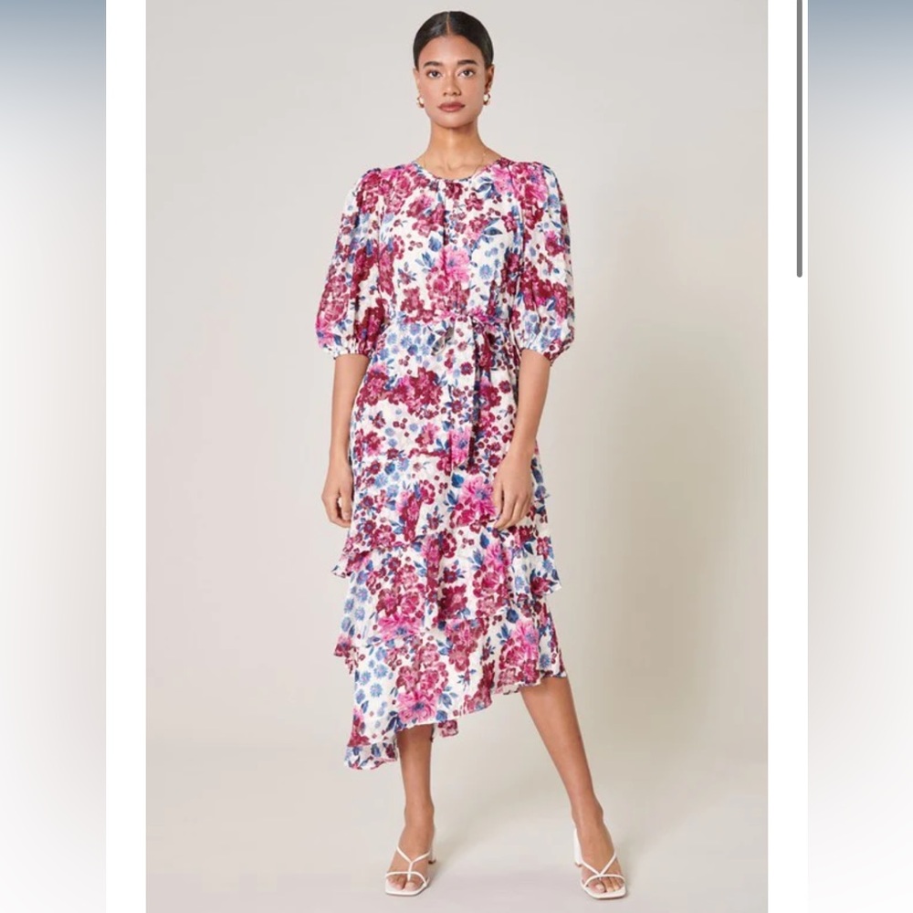 Pink and blue pastel floral midi dress, asymmetrical hem.
